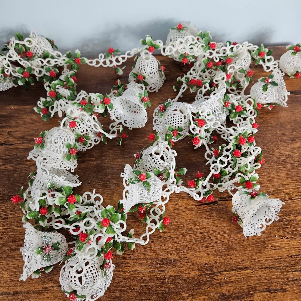 Vintage 60s White Plastic Christmas Bell Garland Holly Berry Kitsch Decor